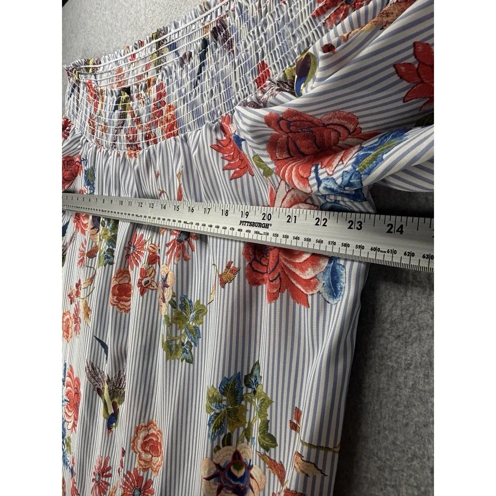 Soprano Off Shoulder Floral Bird Stripe Dress Bell Sleeve Smocked Boho M Romance